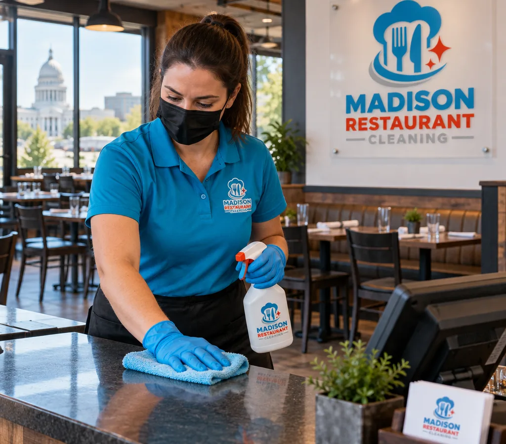 Professional restaurant cleaner sanitizing high-touch areas at a front counter with a clean dining room behind them