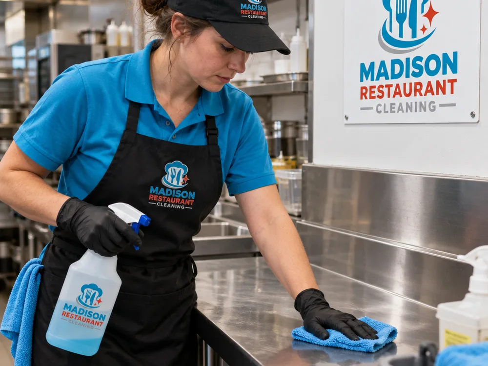 Cleaner detailing a stainless prep table and backsplash in a commercial kitchen