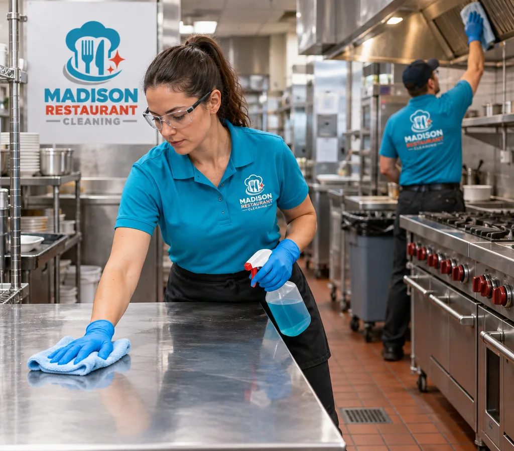 Professional cleaner in protective equipment wiping a stainless prep table and line equipment in a commercial restaurant kitchen