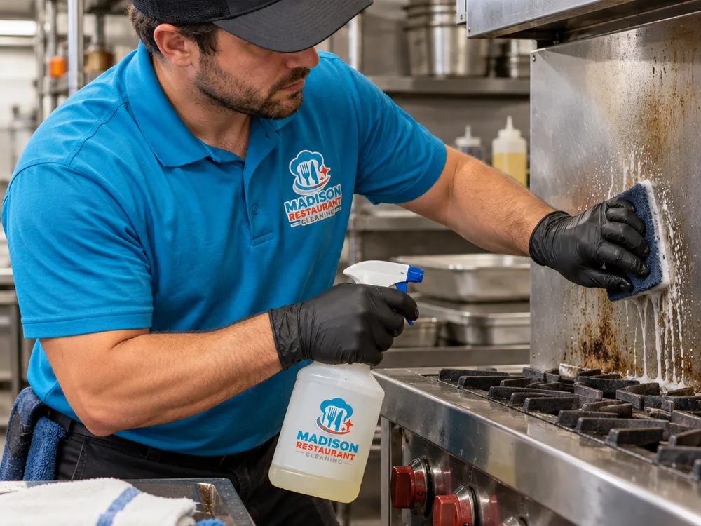 Technician detailing grease from a stainless backsplash and the side of a commercial range