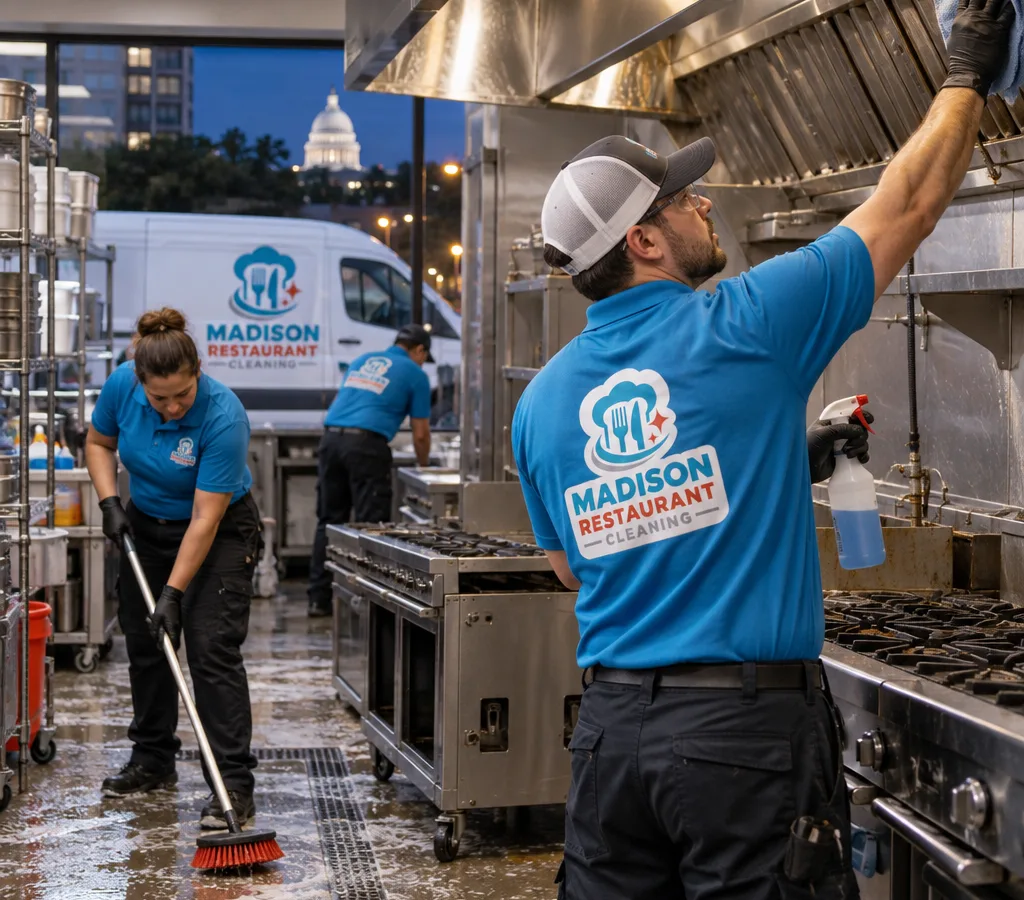 After-hours commercial kitchen deep cleaning with line equipment pulled out while technicians scrub floors and wipe hood surfaces