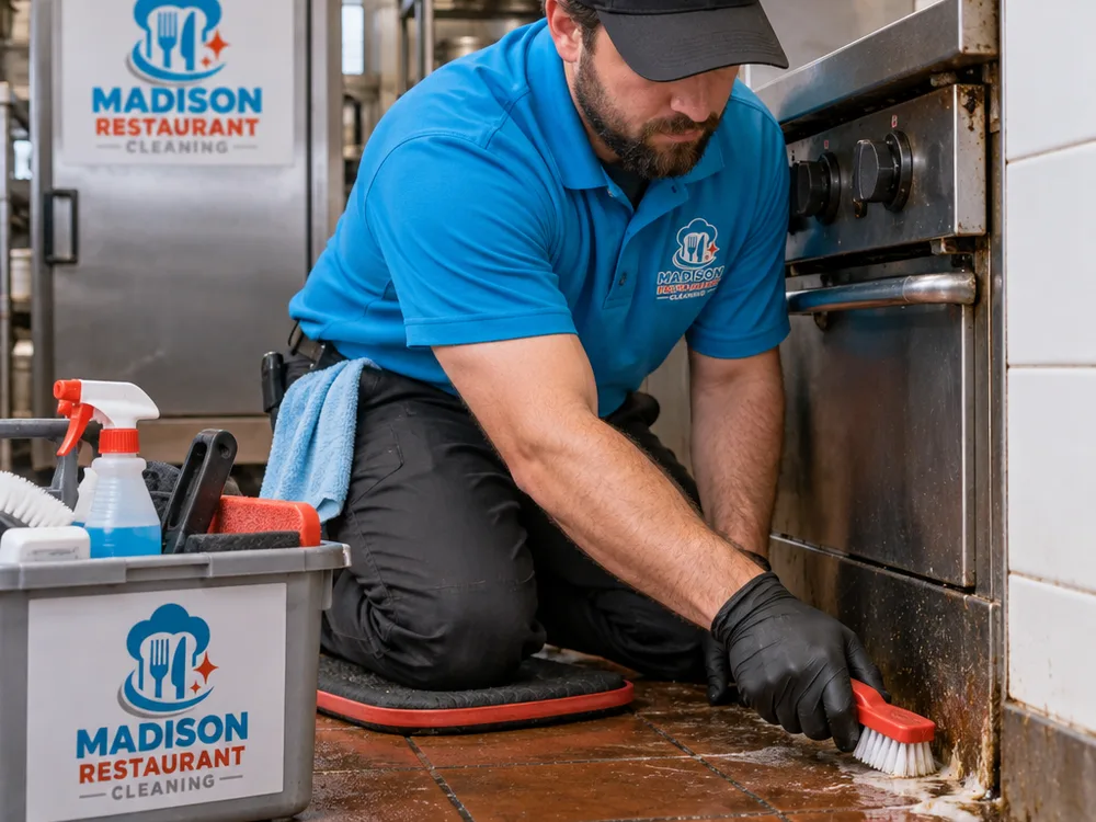 Technician detailing grease around stainless equipment edges and floor-wall junctions with tools staged neatly