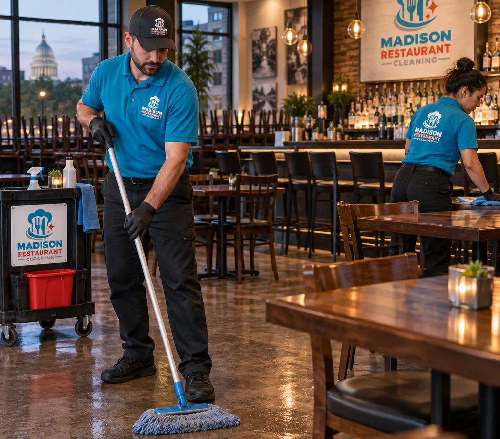 Cleaner mopping a restaurant dining room while another technician wipes tables, with the bar visible in the background