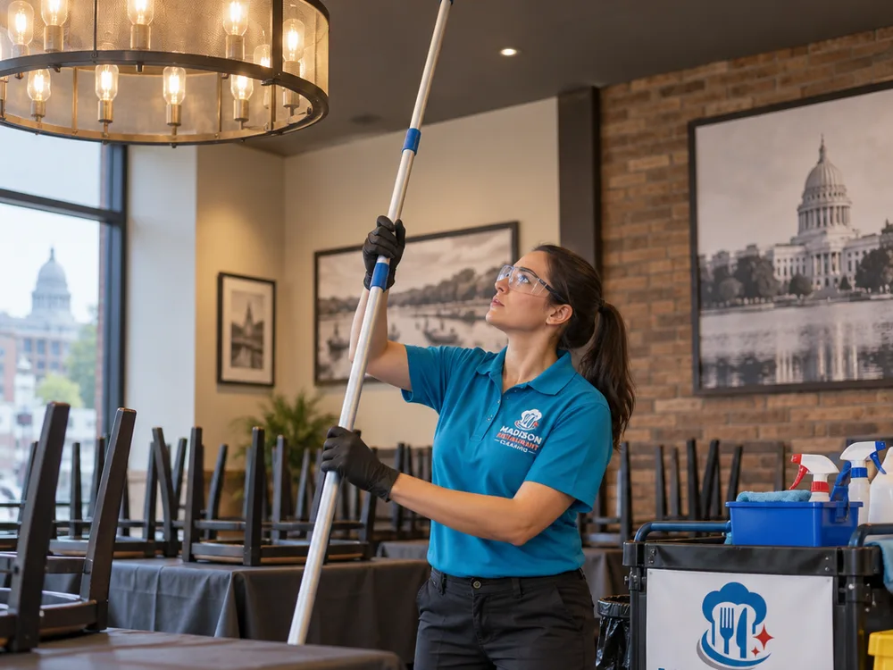 Cleaner using an extension pole to dust a dining room light fixture and HVAC vent after hours