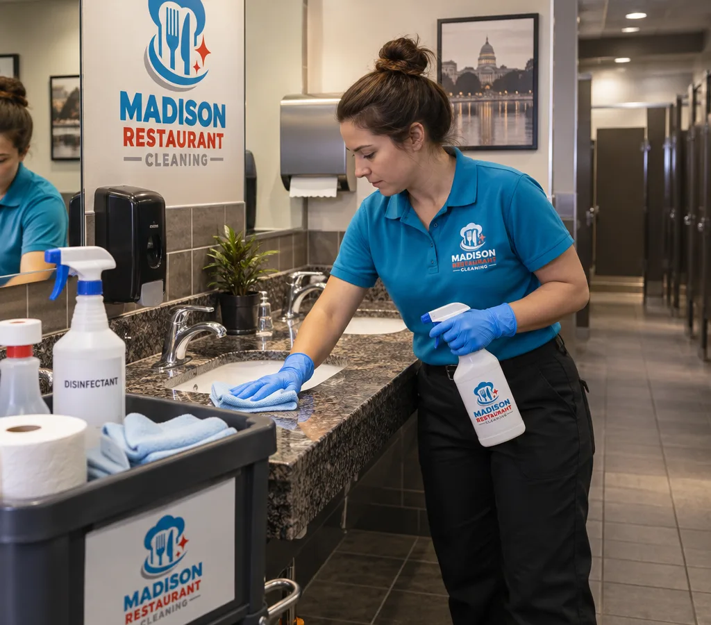 Professional cleaner restocking paper goods and wiping down a commercial restaurant restroom sink and counter after closing