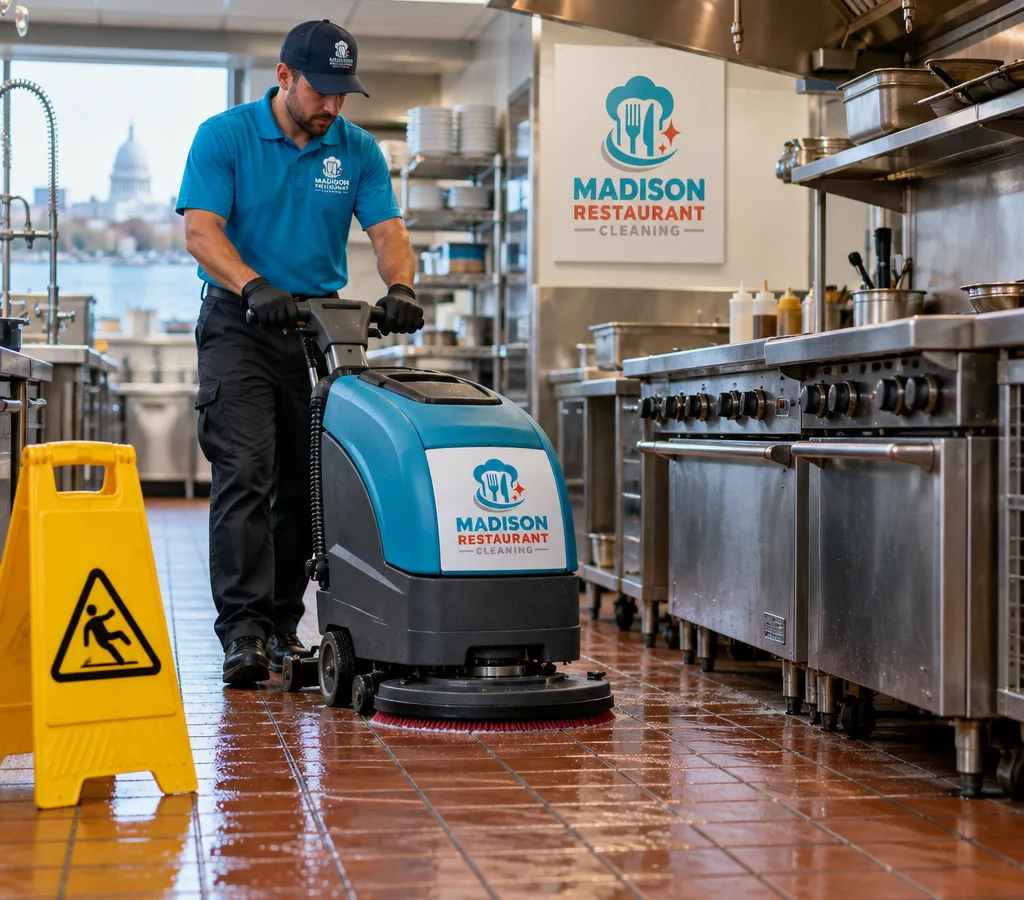 Madison restaurant kitchen quarry tile floor being machine-scrubbed near equipment bases with wet-floor safety signage in place