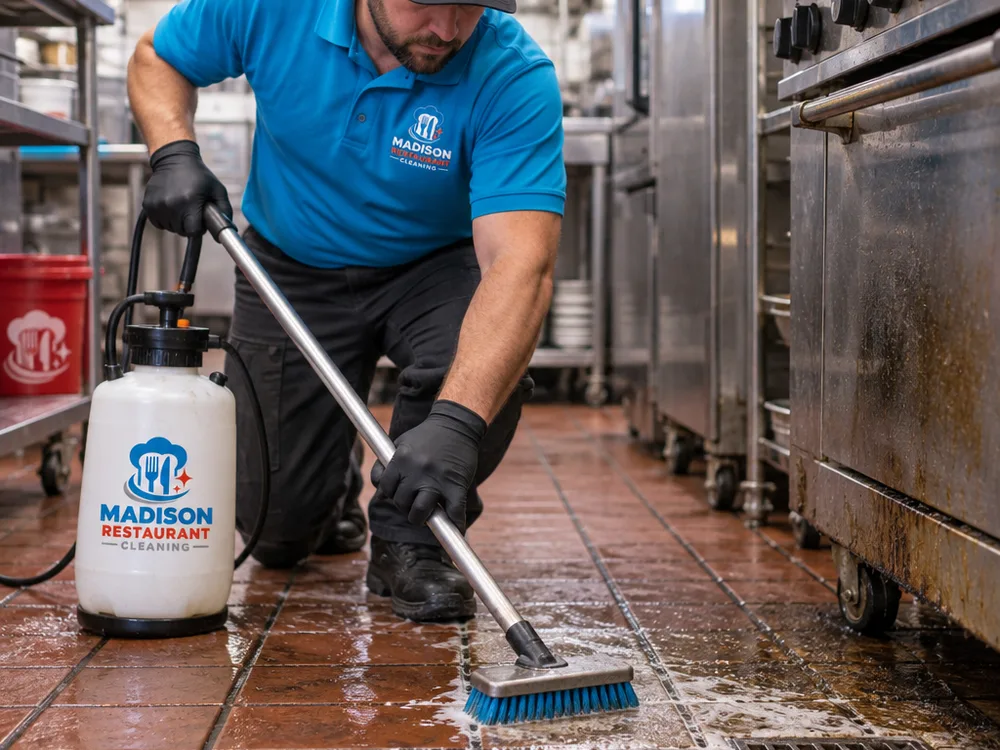 Technician applying degreaser and brushing grout on a commercial kitchen quarry tile floor near a floor drain
