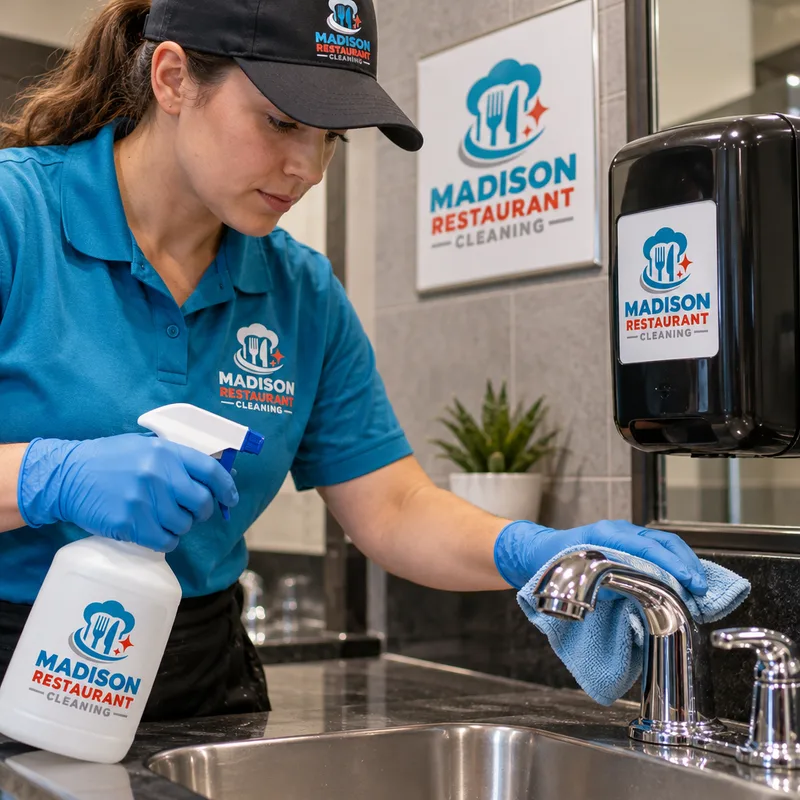 Technician cleaning and disinfecting restaurant restroom faucets, soap dispensers, and sink touchpoints with commercial products and microfiber cloths