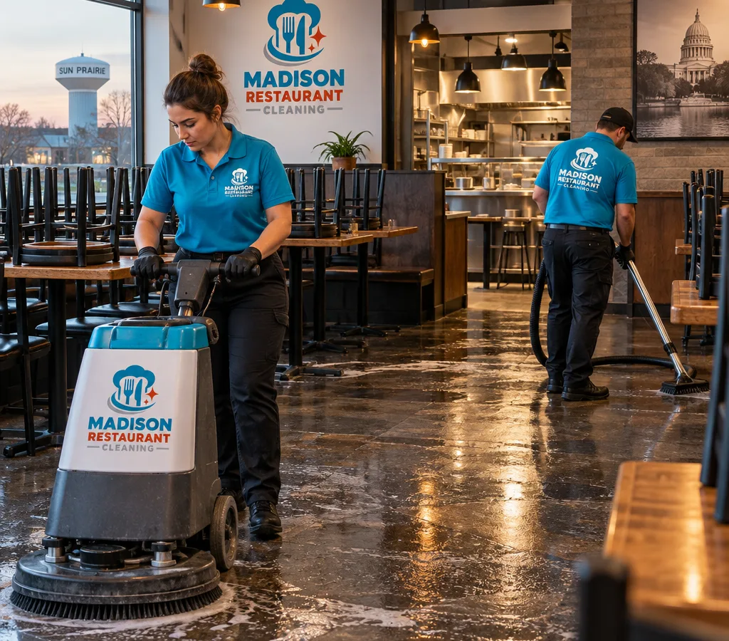 After-hours restaurant cleaning in a Sun Prairie dining room with chairs raised and commercial floor-cleaning equipment in use