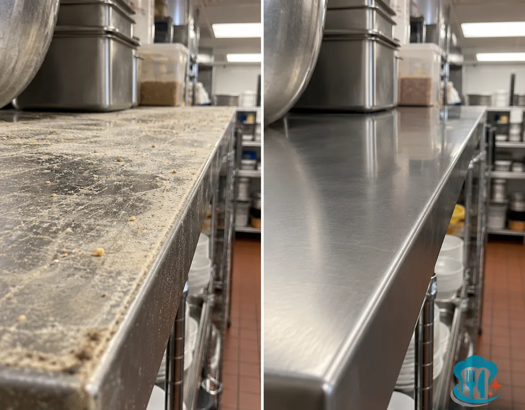Before-and-after comparison of a dusty high prep shelf and the same shelf cleaned and dried