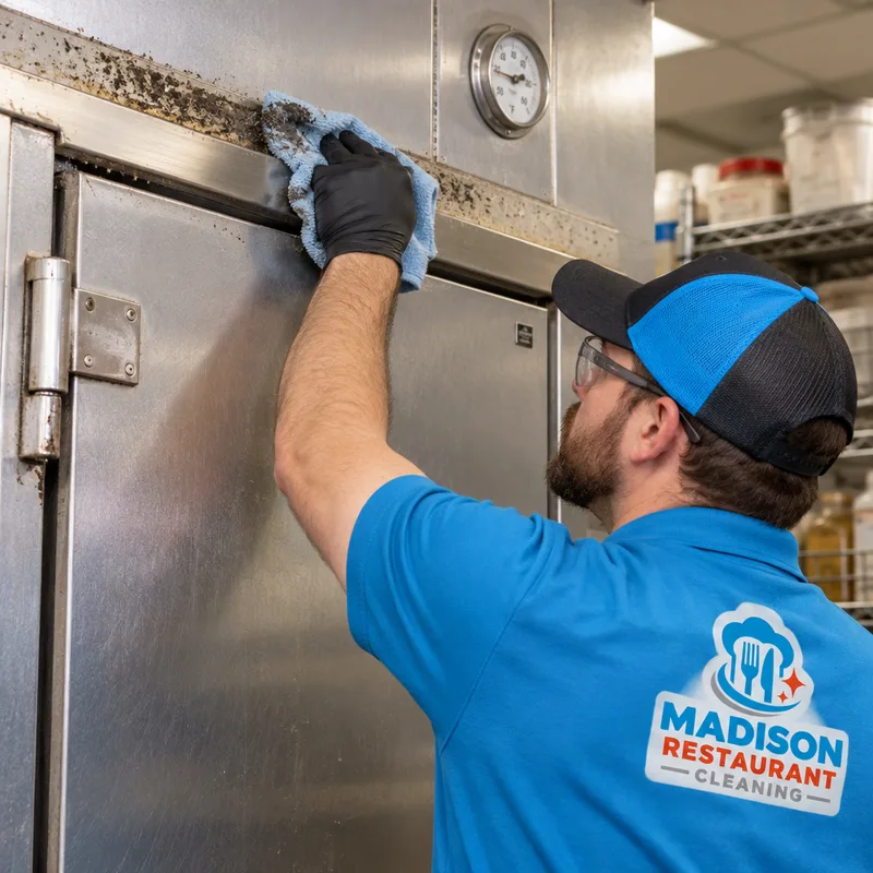 Cleaner removing greasy dust from the top edge and trim of a commercial walk-in cooler door