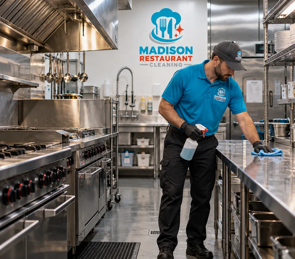 After-hours technician finishing detail work around a clean stainless restaurant line, hood area, and dry kitchen floor
