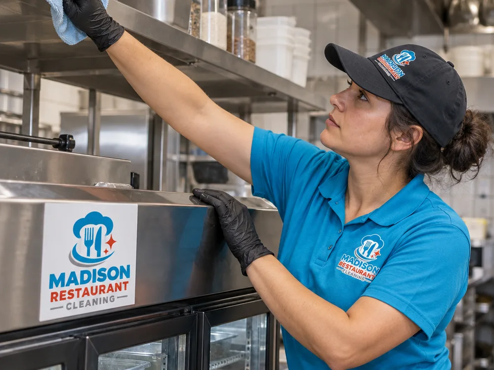 Cleaner wiping the top of a stainless prep shelf and the ledge above a commercial cooler