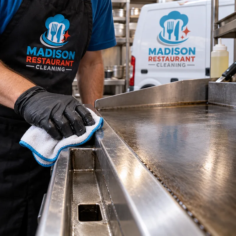Cleaned flat-top grill edge and grease trough with carbon buildup removed