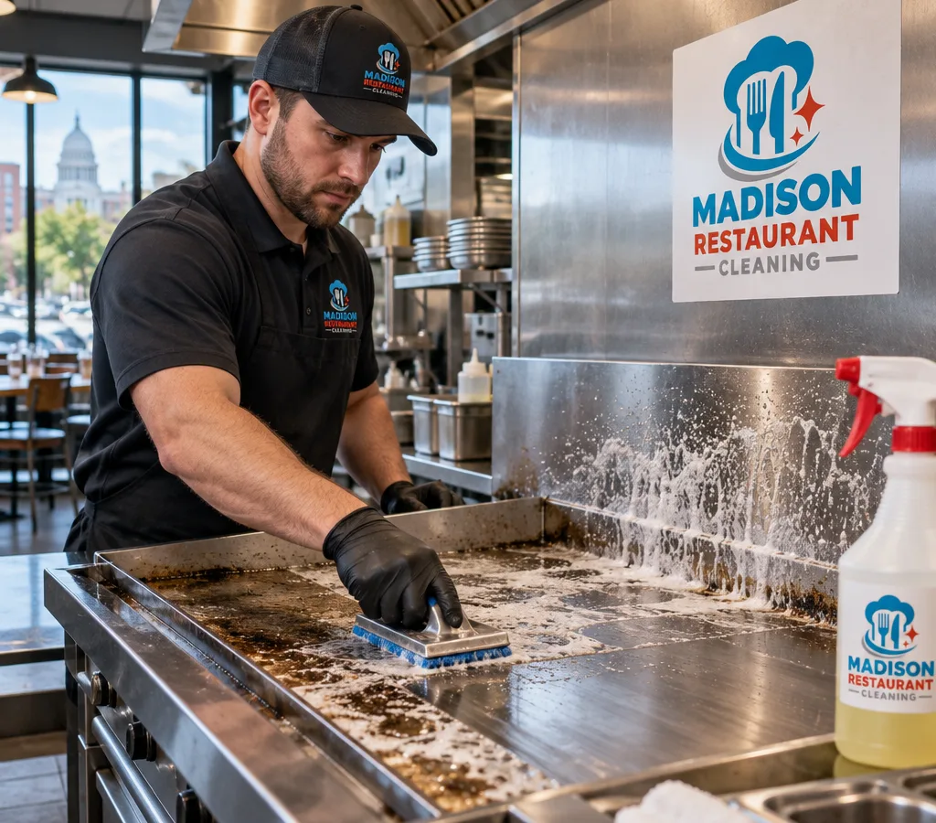 Technician cleaning a commercial flat-top grill and stainless splash guard in a Middleton restaurant kitchen