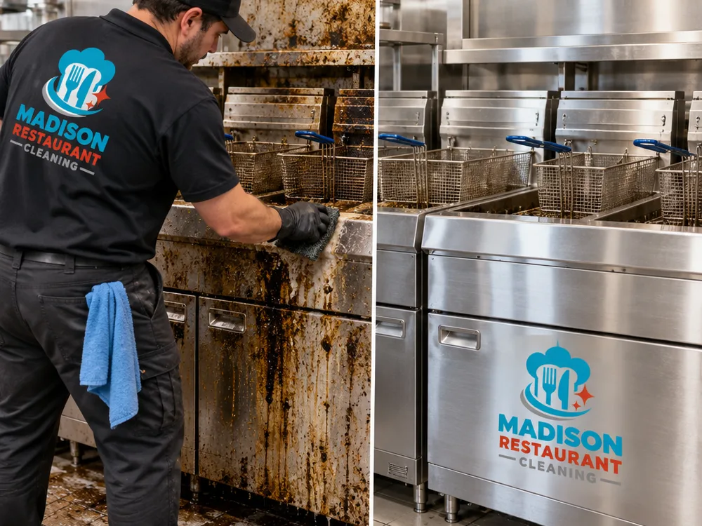 Commercial fryer bank showing heavy buildup beside degreased stainless and a cleaned floor edge