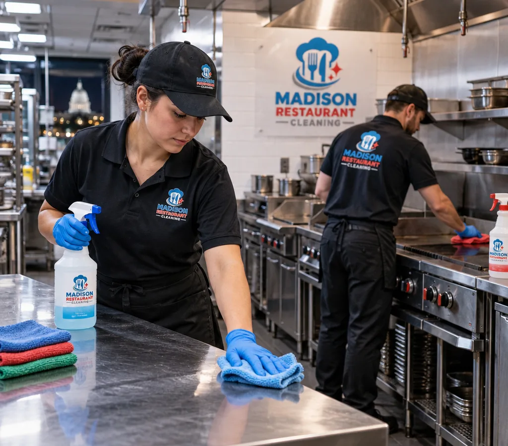 Night cleaning team wiping and sanitizing stainless prep tables and cooking line surfaces in a commercial kitchen