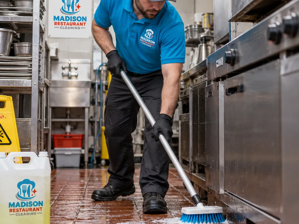 Cleaner detail-scrubbing grout lines and floor edges in a commercial kitchen with a deck brush and floor-safe degreaser