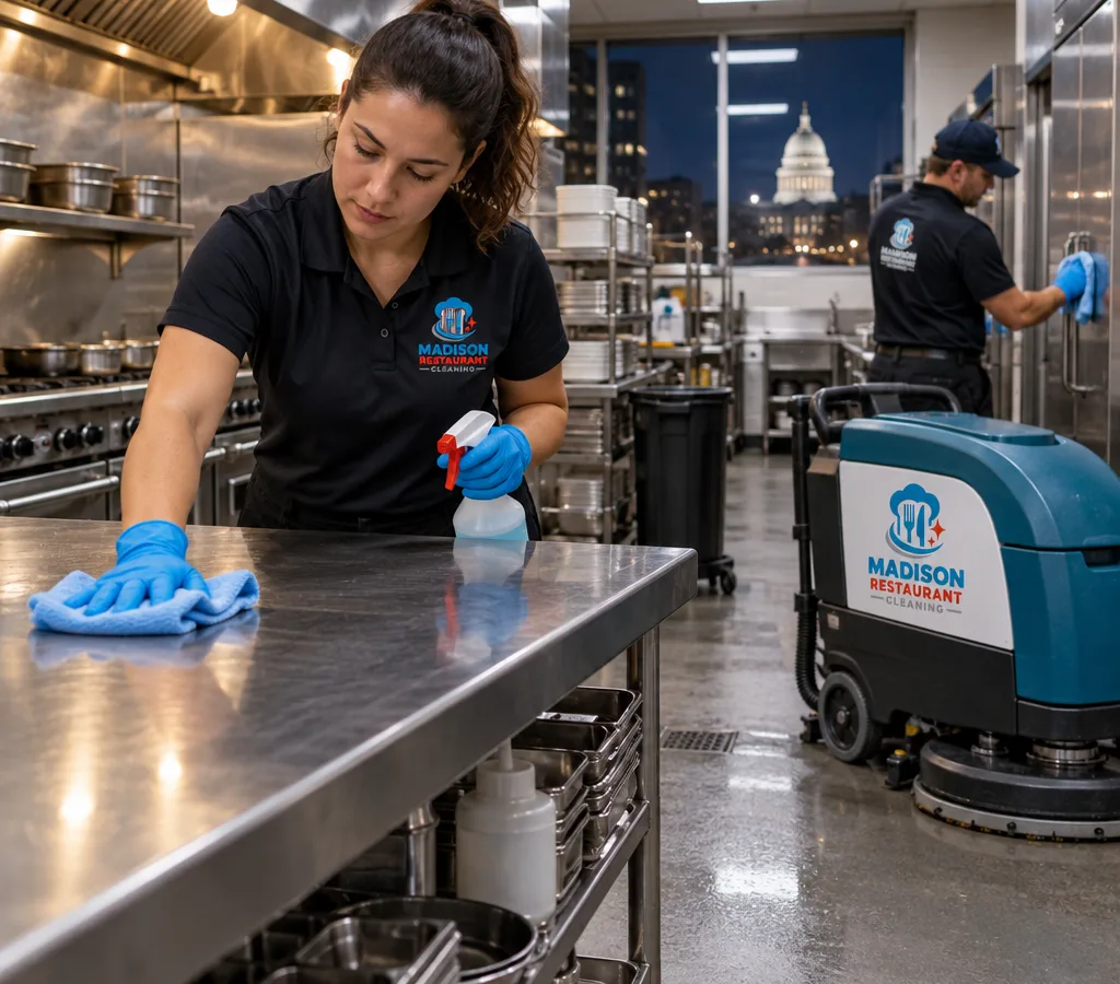 After-hours cleaning crew wiping stainless prep tables and sanitizing high-touch points in a commercial restaurant kitchen