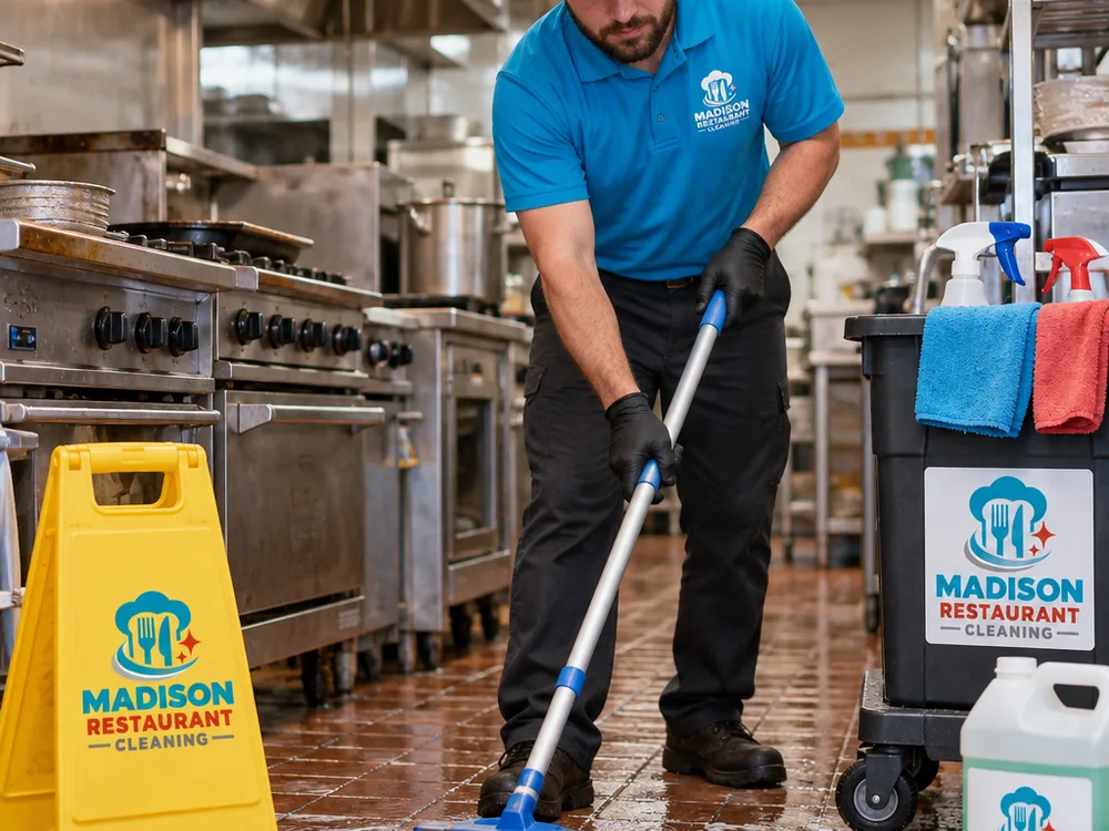 Cleaner using low-foaming degreaser on a commercial kitchen floor near the cook line