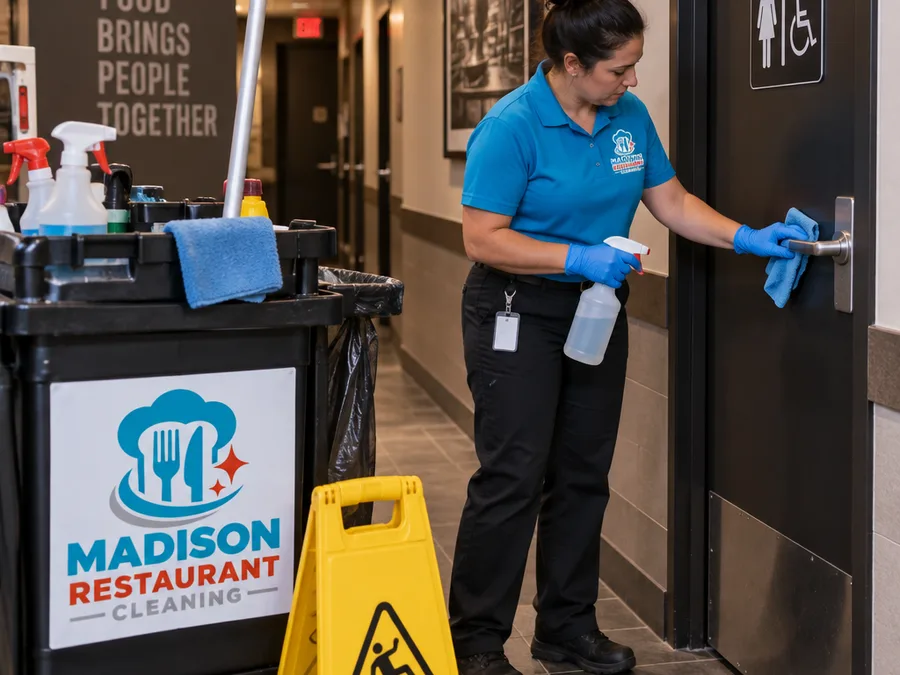 Cleaner in a closed restaurant hallway outside a restroom with a janitorial cart, wet floor sign, and key access