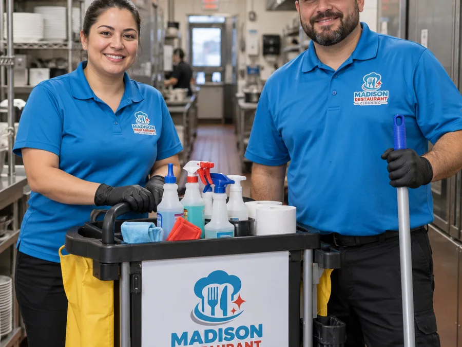Two uniformed restaurant cleaners beside a stocked janitorial cart in a commercial kitchen corridor