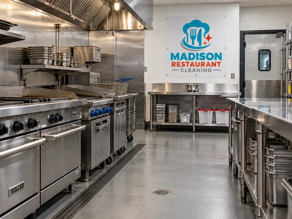 Commercial cookline after cleaning with detailed stainless fronts, backsplash, and surrounding floors